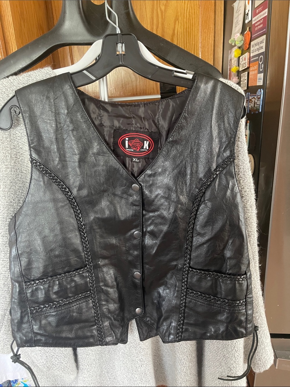 I K XL Black Braided Genuine Leather Biker Vest